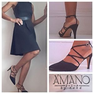 NWOT-A'mano Handmade Fabric Heels, Leather Soles